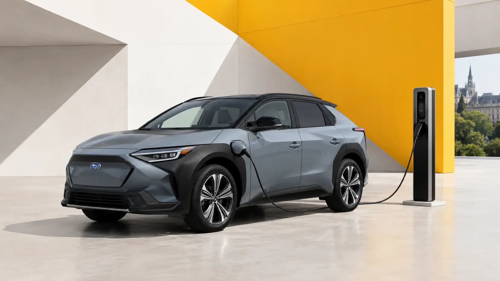 Modèle Subaru électrifié près d’une borne de recharge