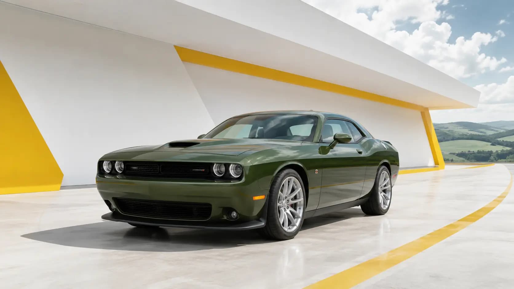 Dodge Challenger auf einer landschaftlich reizvollen Straße in Luxemburg