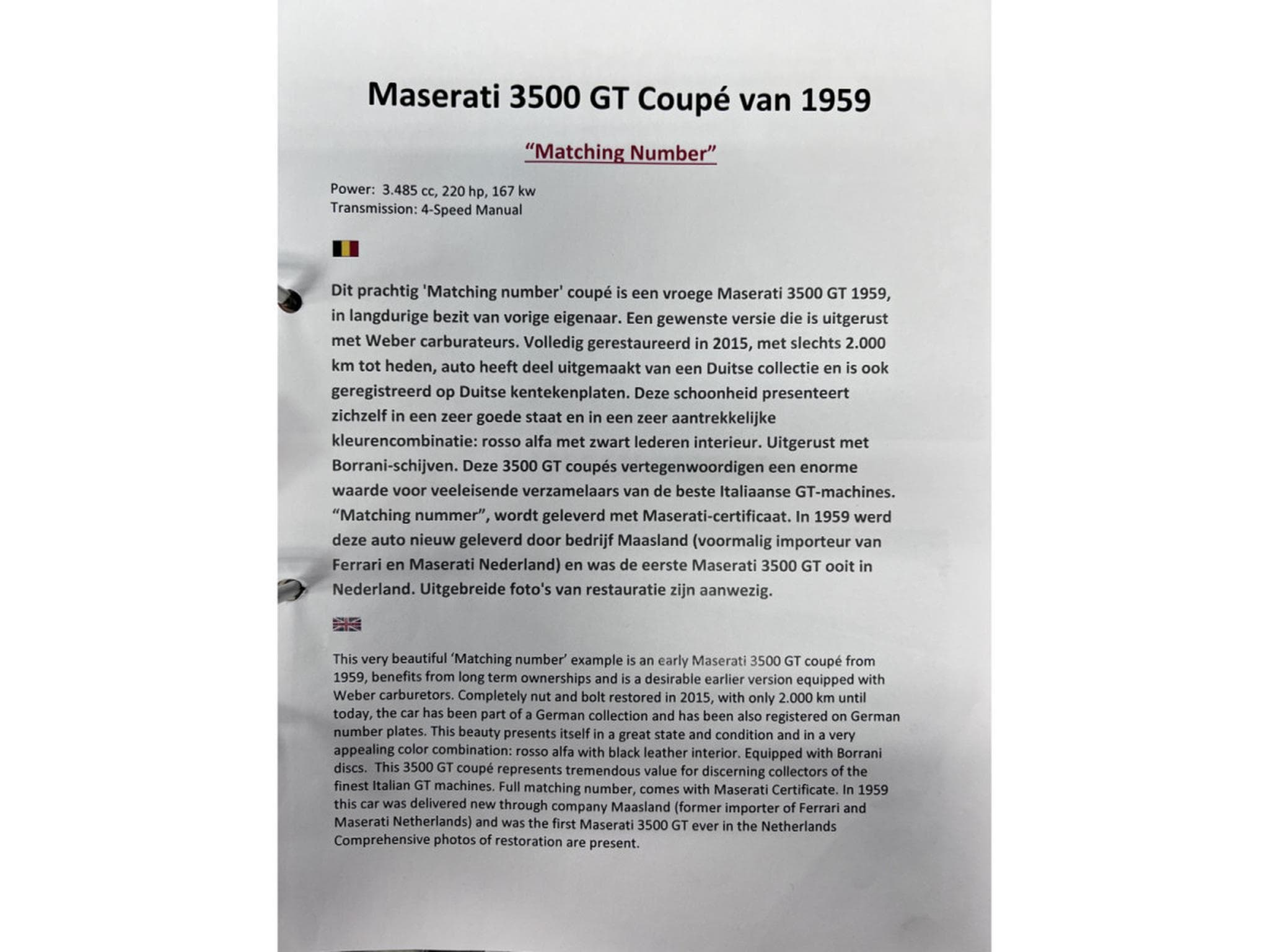 Maserati 3500 GT Touring Superleggera Matching and NEW make offer (1959) - Photo 2