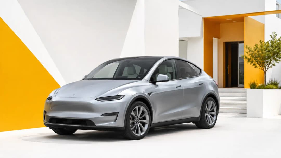 Tesla Model Y devant une architecture moderne