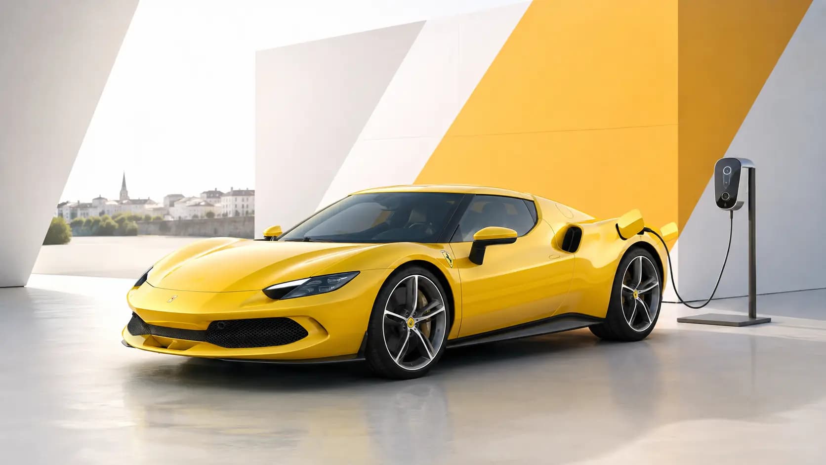Elektrifiziertes Ferrari-Modell an einer Ladesäule